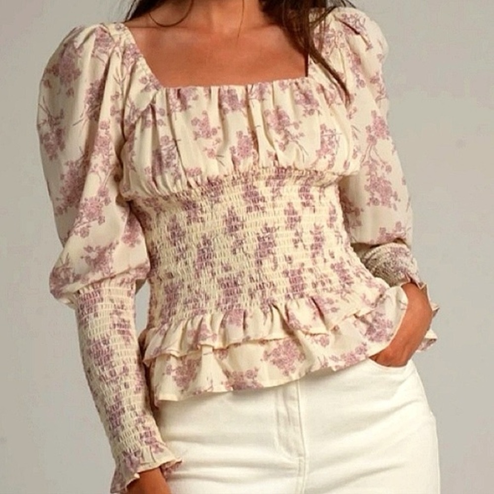 CISTAR NEW YORK Floral Smocked Puff-Sleeve Top in Cream Size M medium